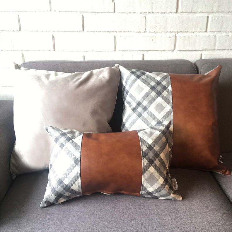 PACK 4 FUNDAS COJIN DECORATIVO ECOCUERO GRIS CAFE 50X50-5