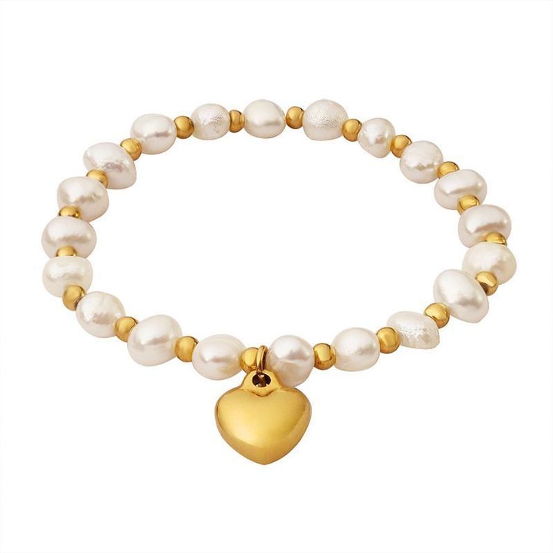Pulsera Baño Oro Amarillo 18k Perlas Agua Dulce Pelotitas Corazón-0