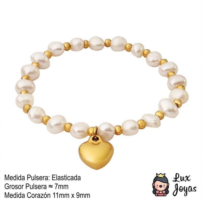 Pulsera Baño Oro Amarillo 18k Perlas Agua Dulce Pelotitas Corazón-4