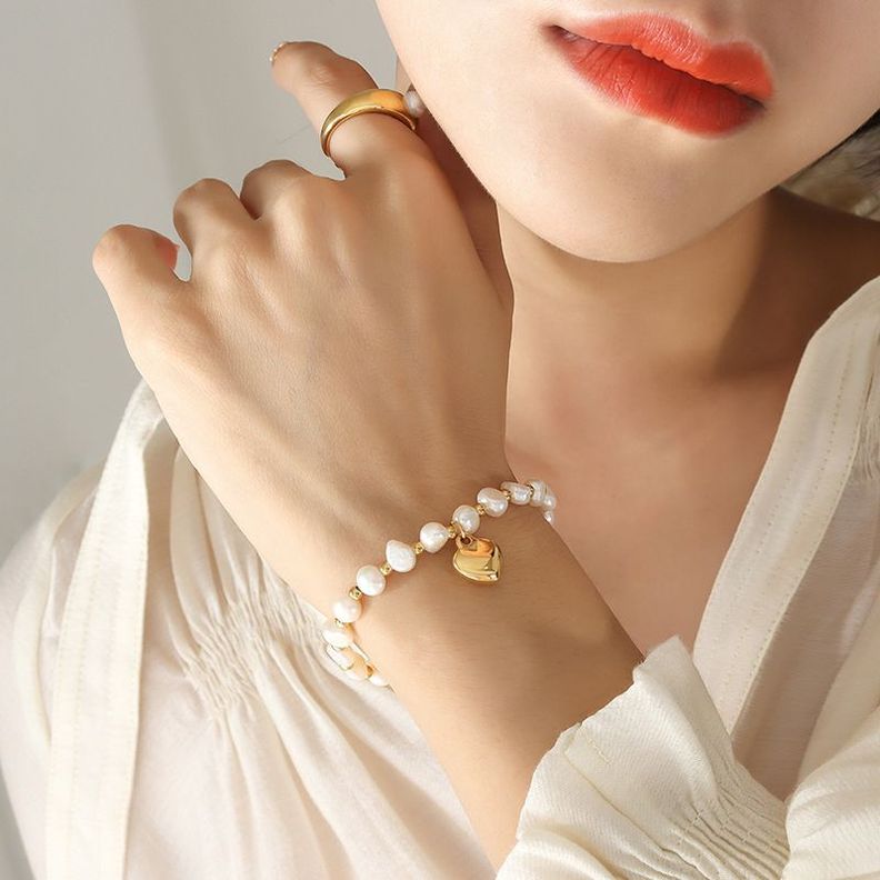 Pulsera Baño Oro Amarillo 18k Perlas Agua Dulce Pelotitas Corazón-3
