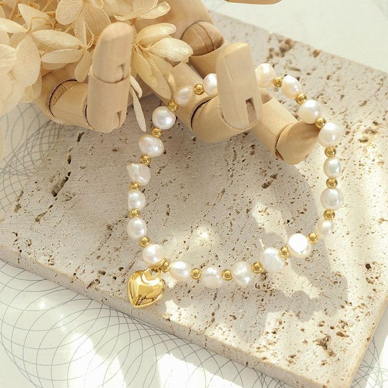 Pulsera Baño Oro Amarillo 18k Perlas Agua Dulce Pelotitas Corazón-1