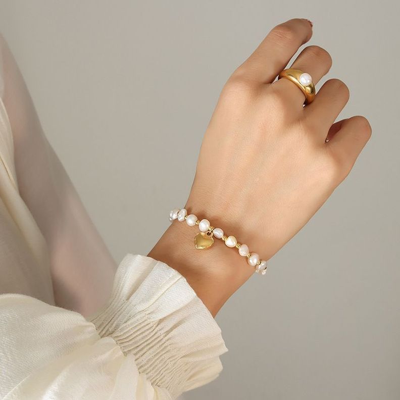 Pulsera Baño Oro Amarillo 18k Perlas Agua Dulce Pelotitas Corazón-2