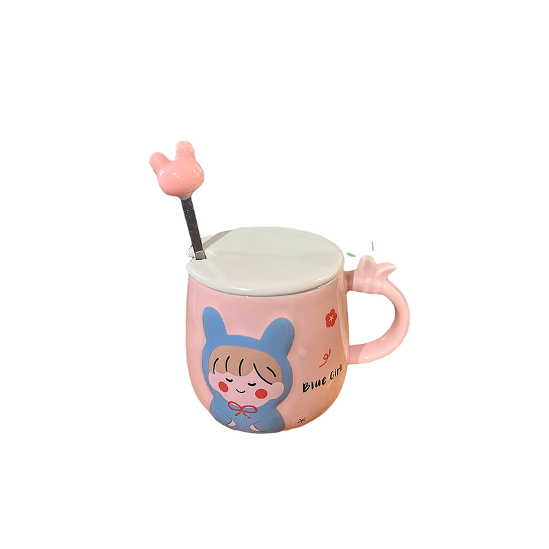 Vaso Cafe Te Tapa Ceramica Cuchara Diseño Blue Girl 400ml-0