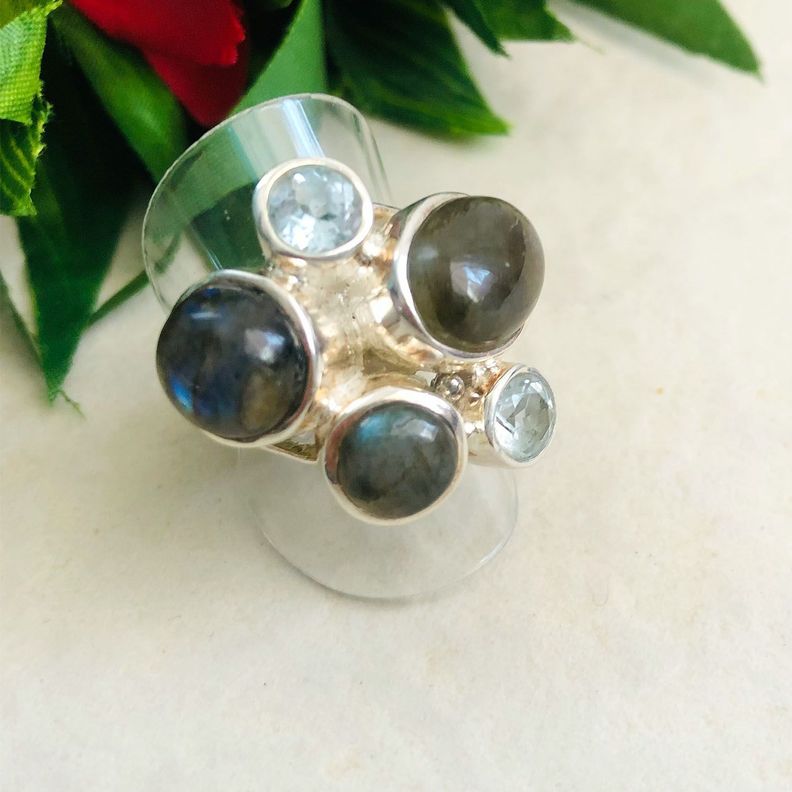 Anillo Labradorita y Topacio Celeste en Plata-0