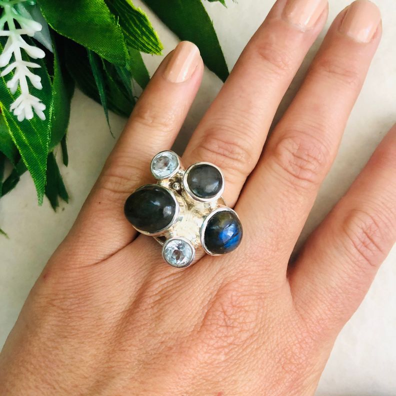 Anillo Labradorita y Topacio Celeste en Plata-1