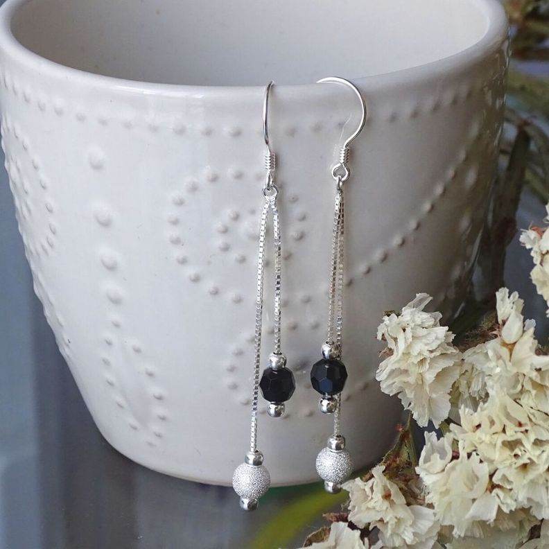 Aros Colgantes Plata Largos Con Cristales Black - MABELITA-1