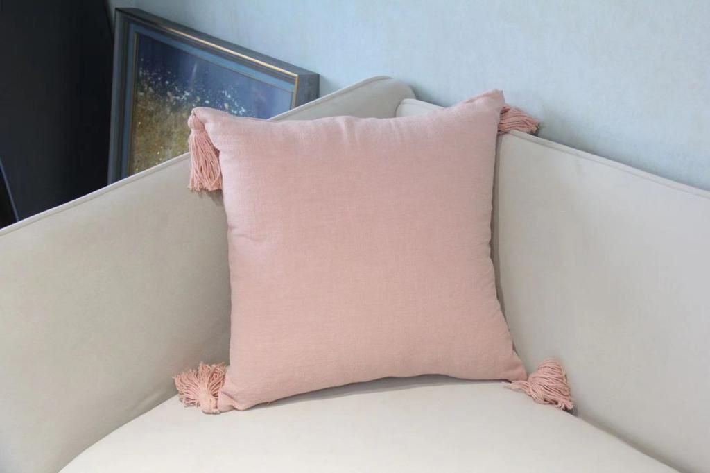 Fundas de cojines lino con flecos rosado-0