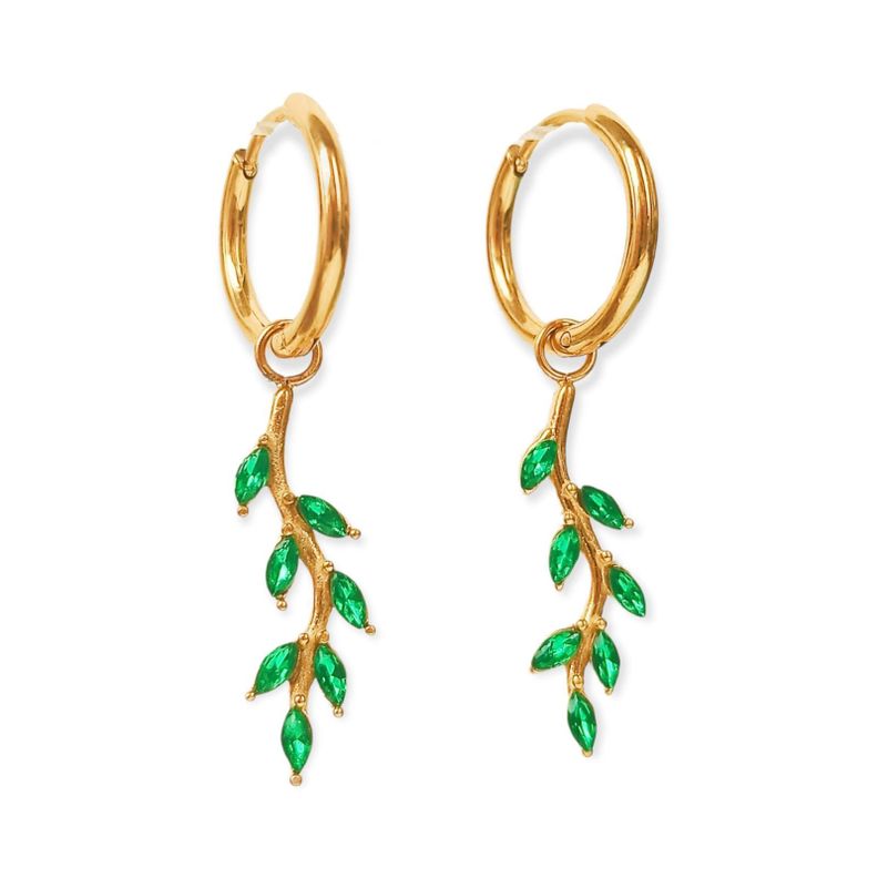 Argollas Aros Hiedras Huggies circonio verde Chapada En Oro 18k Dorado