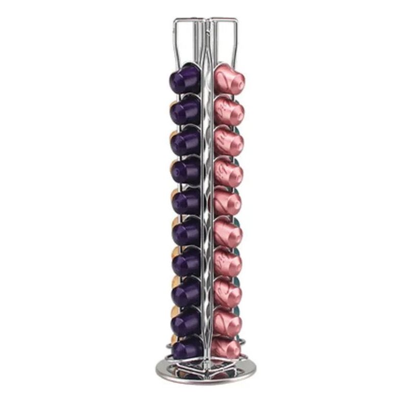 Porta Capsulas De Cafe Giratoria Elegante, Organizador de Mucha Capacidad Plateado Metalico