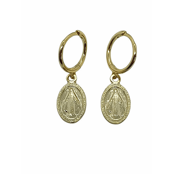 Aros Argollas Pequeñas Virgen Maria Plata 925 Chapado En Oro-0