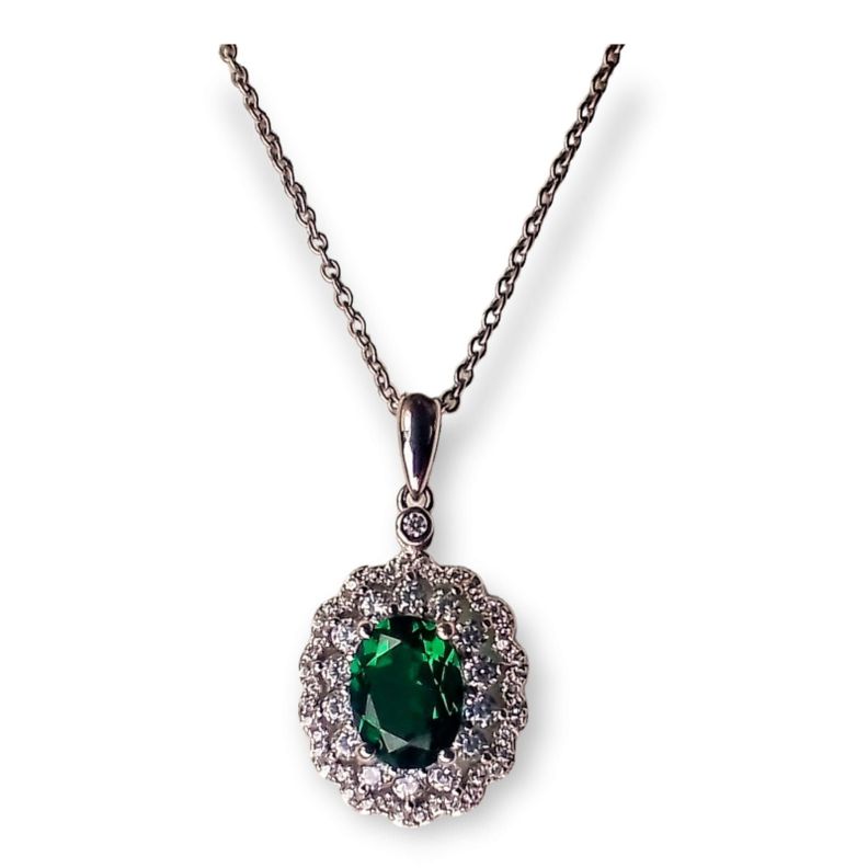 Collar con dije Colgante Gema Esmeralda enmarcada con leucozafiros plata fina ley S925-0