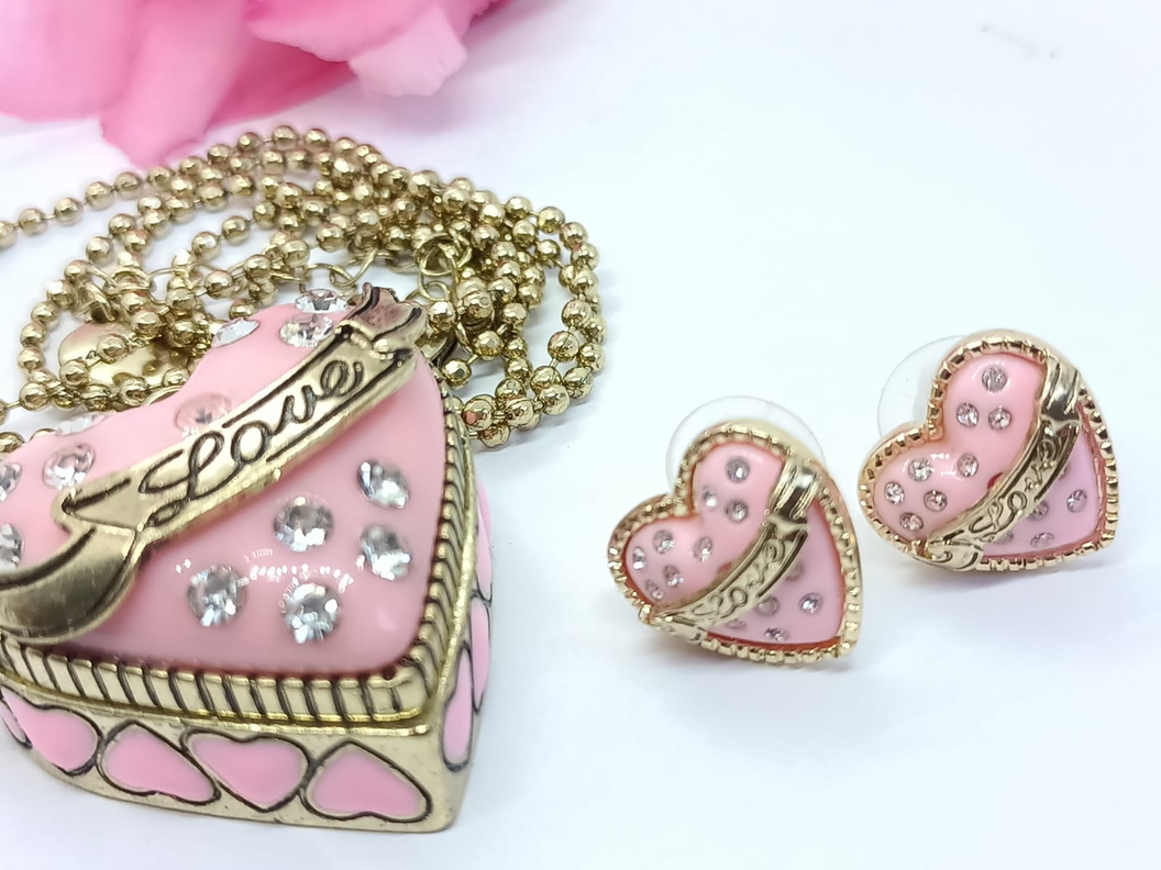 Conjunto Collar Largo Relicario Aros Corazon Rosa Dulce Amor-4
