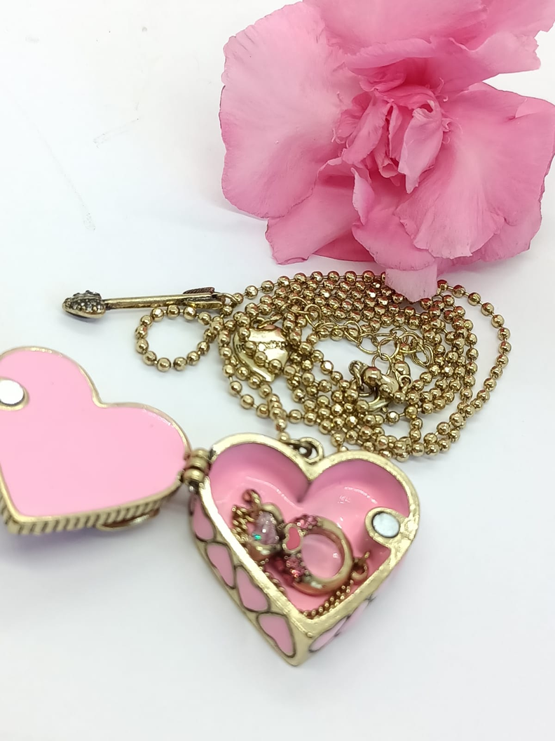 Conjunto Collar Largo Relicario Aros Corazon Rosa Dulce Amor-8