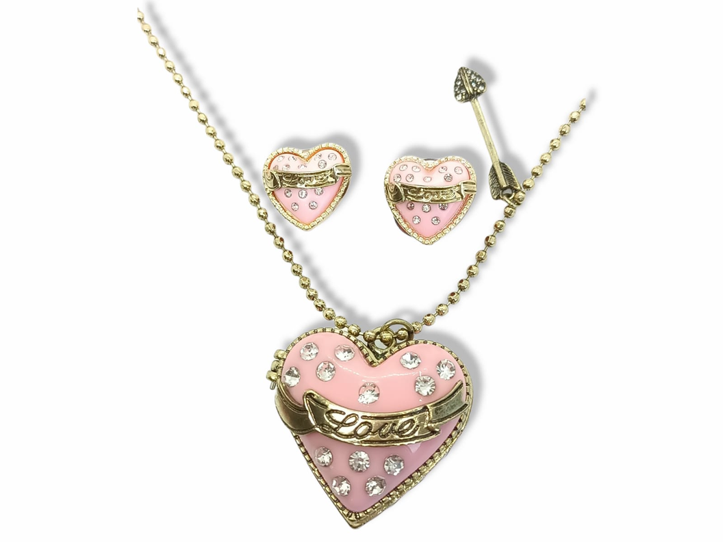 Conjunto Collar Largo Relicario Aros Corazon Rosa Dulce Amor-0