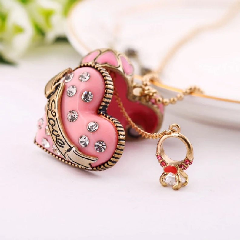 Conjunto Collar Largo Relicario Aros Corazon Rosa Dulce Amor-3