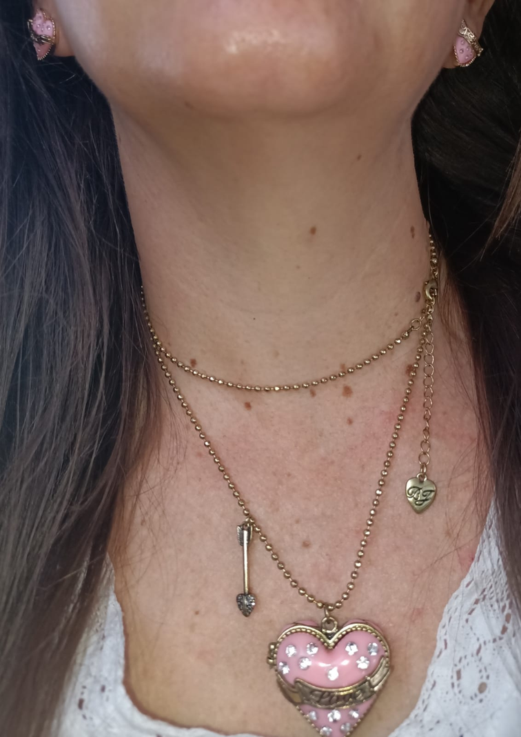 Conjunto Collar Largo Relicario Aros Corazon Rosa Dulce Amor-10