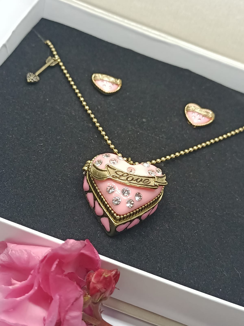 Conjunto Collar Largo Relicario Aros Corazon Rosa Dulce Amor-9