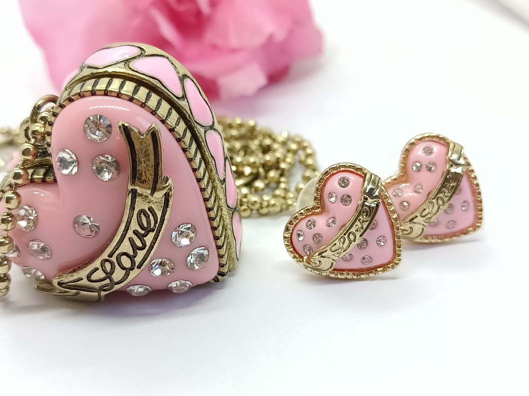 Conjunto Collar Largo Relicario Aros Corazon Rosa Dulce Amor-5