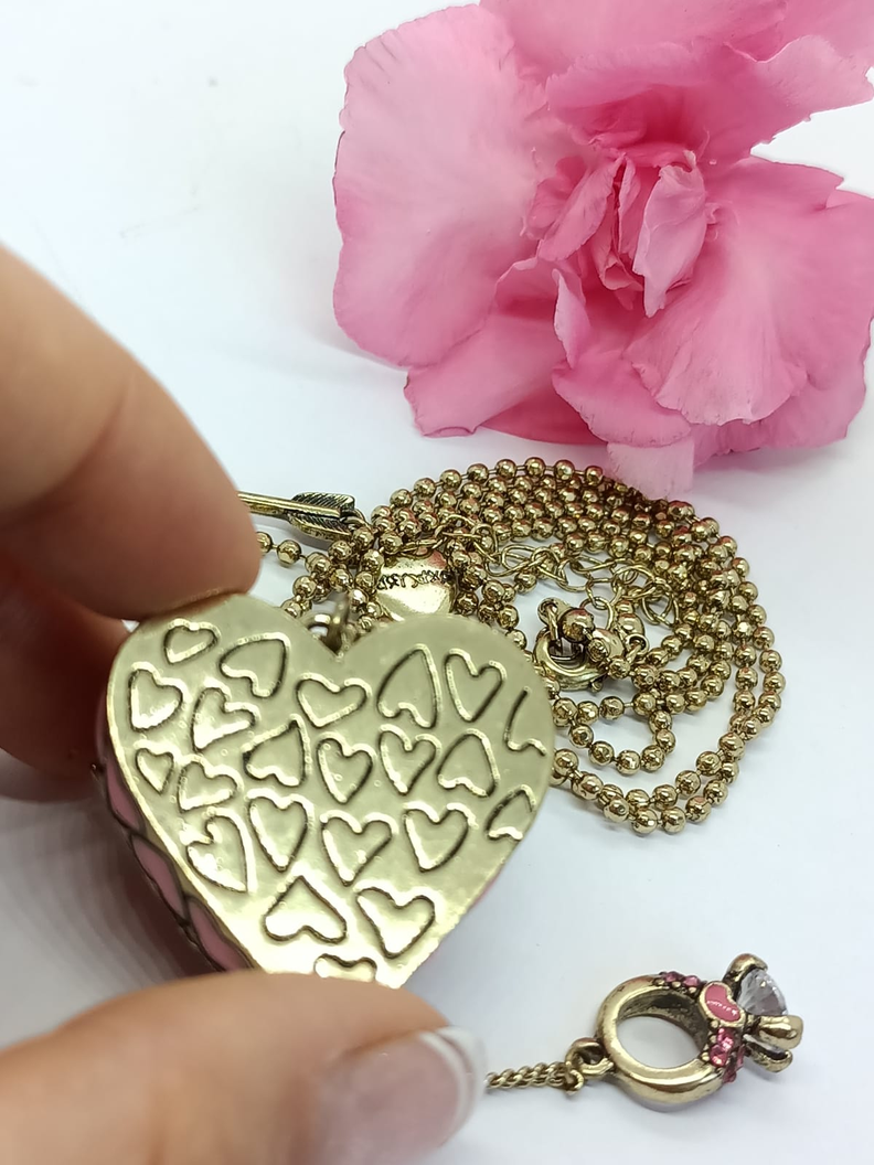 Conjunto Collar Largo Relicario Aros Corazon Rosa Dulce Amor-7