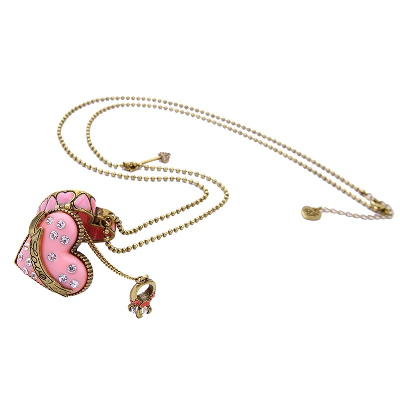 Conjunto Collar Largo Relicario Aros Corazon Rosa Dulce Amor-2