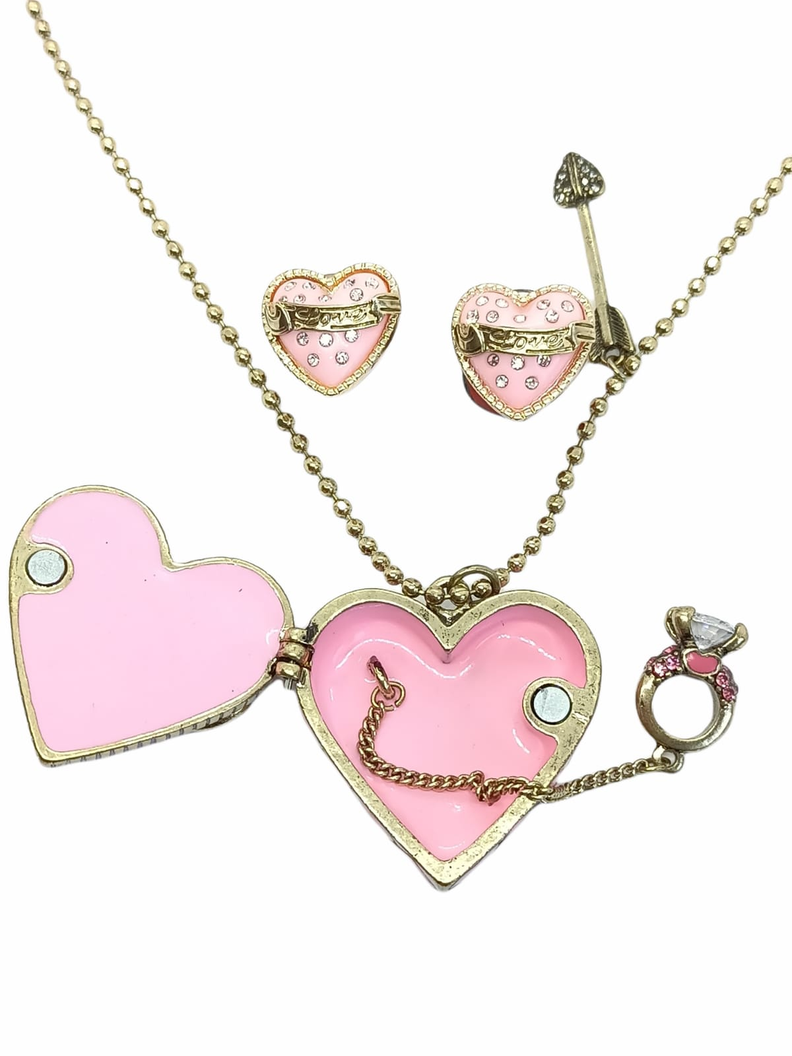 Conjunto Collar Largo Relicario Aros Corazon Rosa Dulce Amor-1