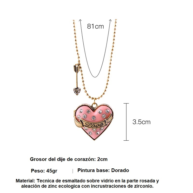 Conjunto Collar Largo Relicario Aros Corazon Rosa Dulce Amor-12