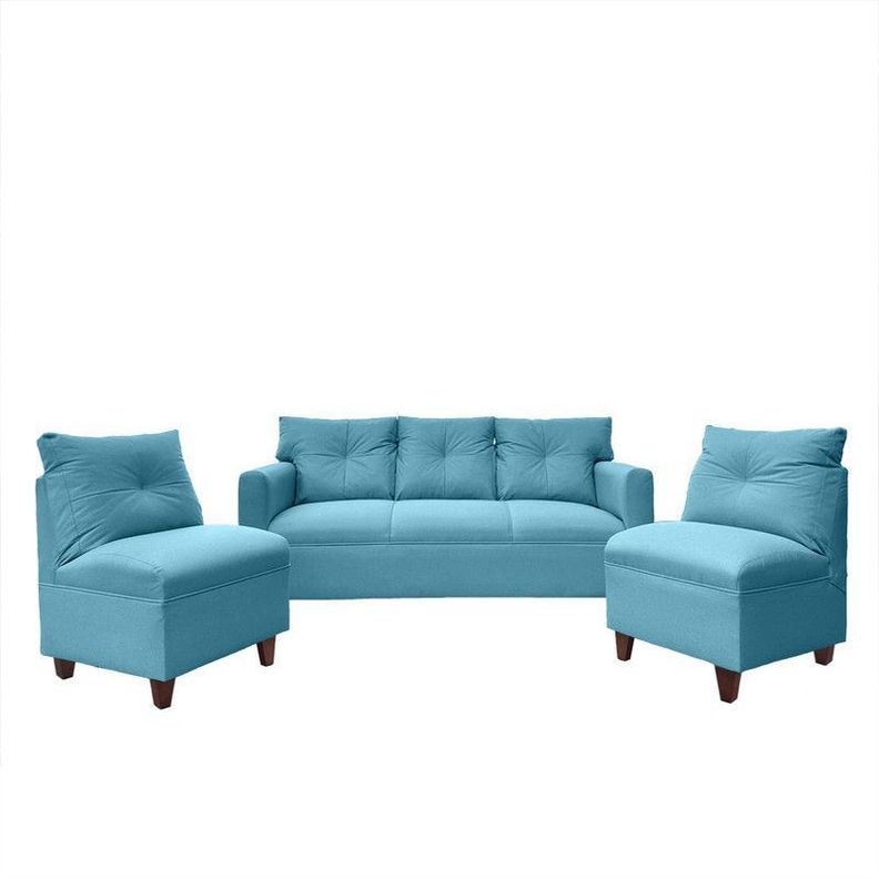 Juego Living Mateo Chenille Turquesa Pata Madera 3C.1C.1C