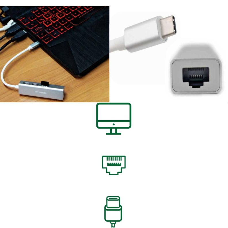HUB USB Tipo C A 3 USB 3.0 Y Ethernet RJ45 1000Mbps Gris Tecnolab-1