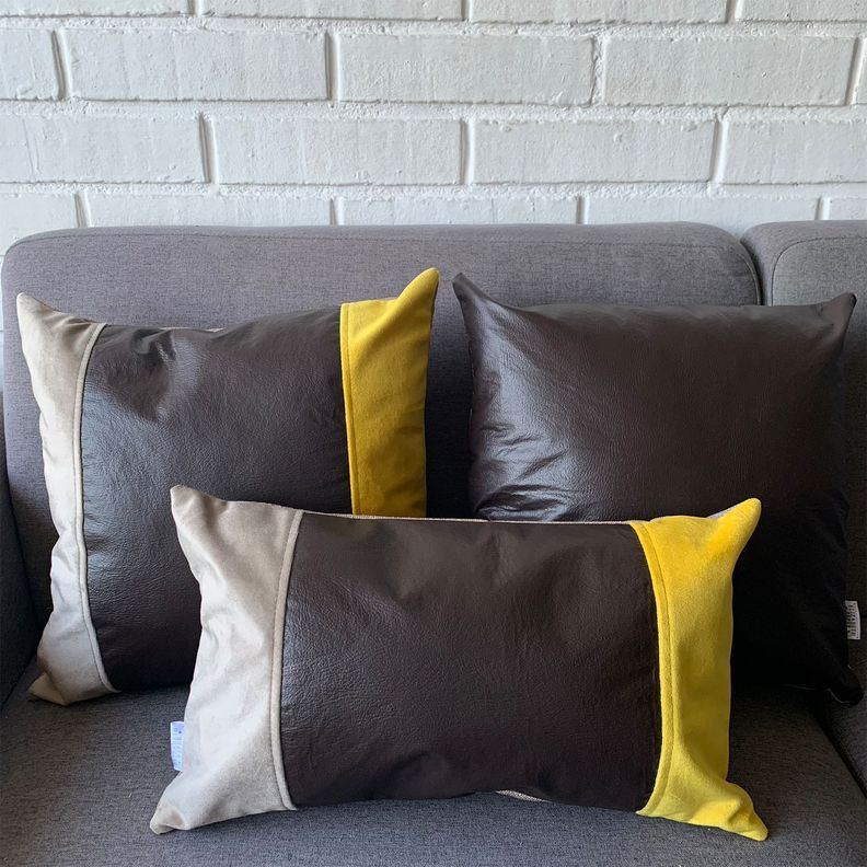 Cojin Decorativo EcoCuero Cafe Beige Amarillo 60x60 Relleno-1