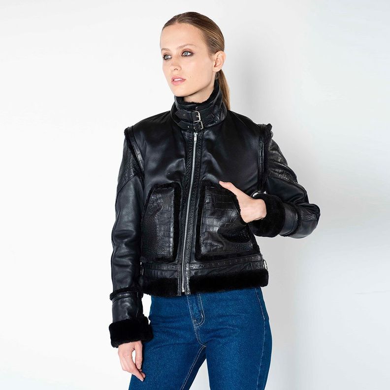 Chaqueta De Cuero Aviador Helena Negra Amen-2