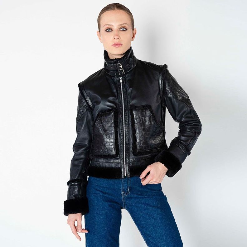 Chaqueta De Cuero Aviador Helena Negra Amen-0