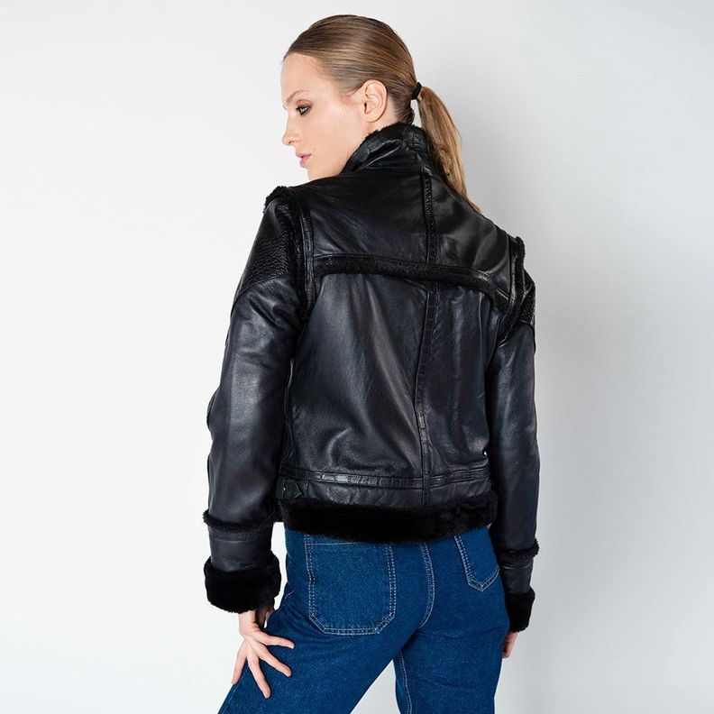 Chaqueta De Cuero Aviador Helena Negra Amen-1