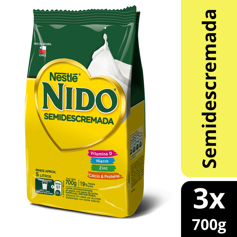 Leche en polvo NIDO® Semidescremada Bolsa 700g Pack x3
-0