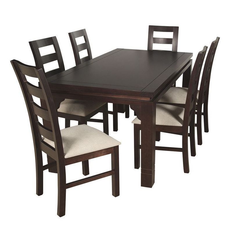 JUEGO DE COMEDOR AMELIA RECTANGULAR 6 SILLAS MADERA COLOR CHOCOLATE TAPIZ BEIGE JASPEADO-0
