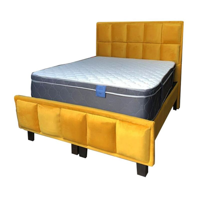 Cama Premium 2P + Colchon Tanon + Respaldo Mostaza Felpa-0