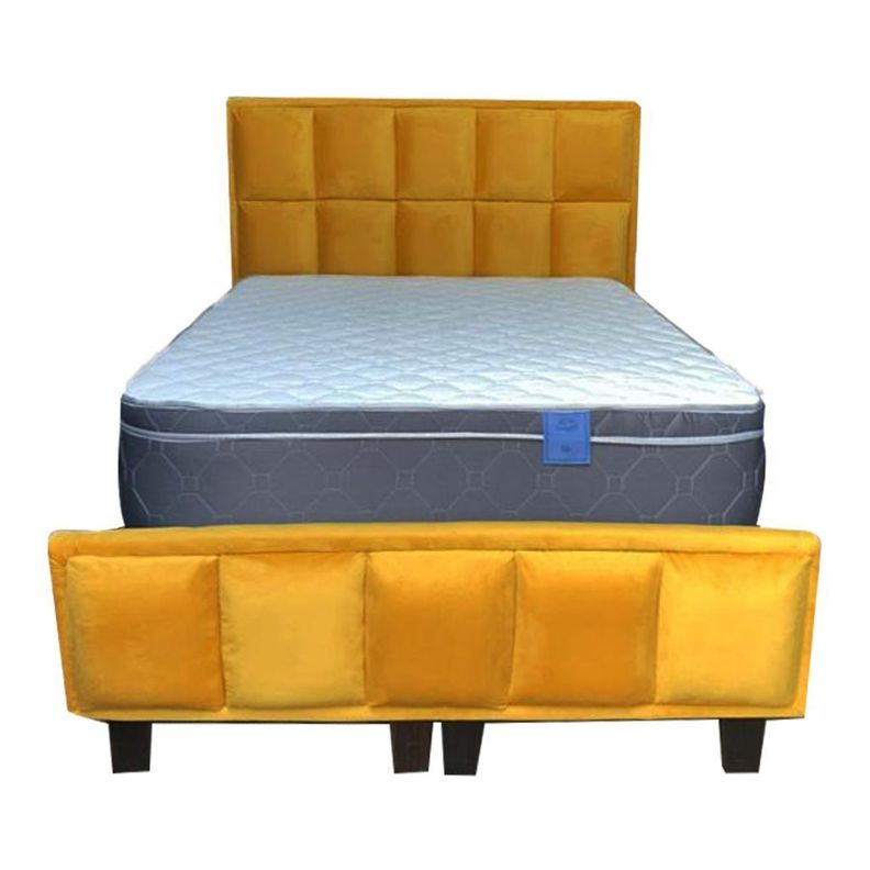 Cama Premium 2P + Colchon Tanon + Respaldo Mostaza Felpa-1
