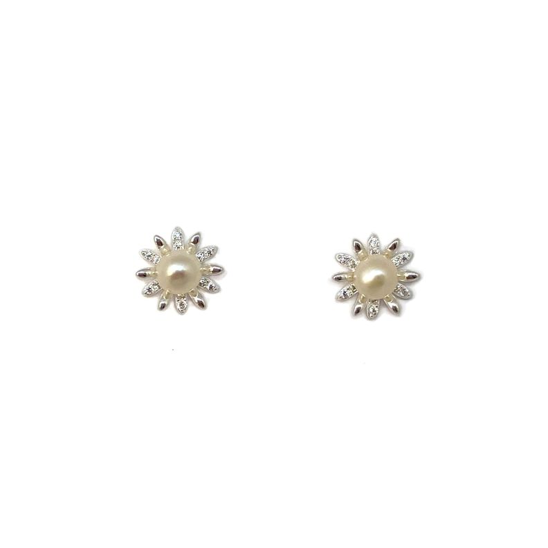 Aros Flor Margarita Perla de Río y Circón Plata Fina 925-0