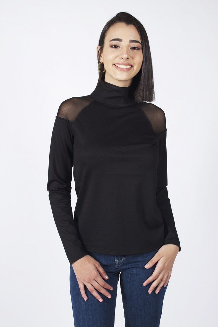Polera cuello alto aplic. encaje negro