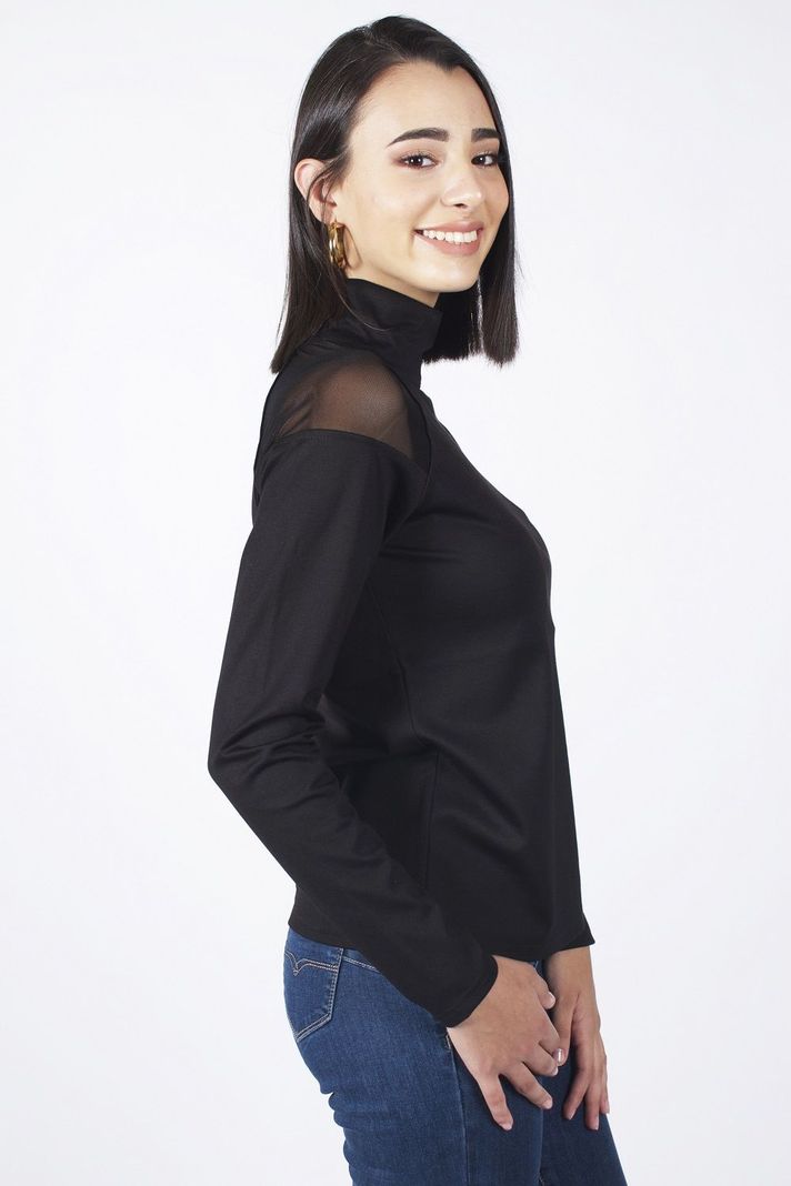 Polera cuello alto aplic. encaje negro-1