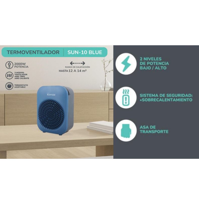 Termoventilador Calefactor Electrico 2000W 3 Mod SUN-10 Blue Kendal-5