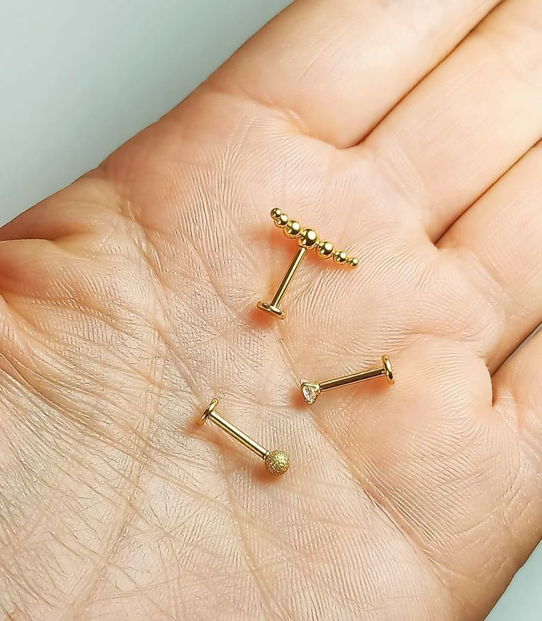 Conjunto Push pin Piercing Chapado Oro 18k  nostril labret Trepador-4