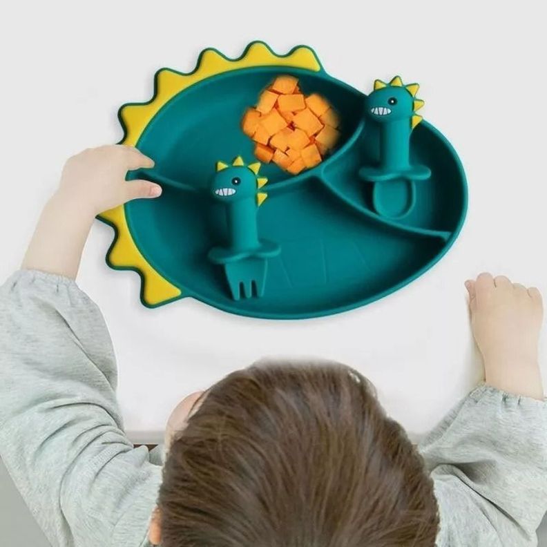 Set Plato De Silicona Dinosaurio Para Bebé Niños + Cubierto-5