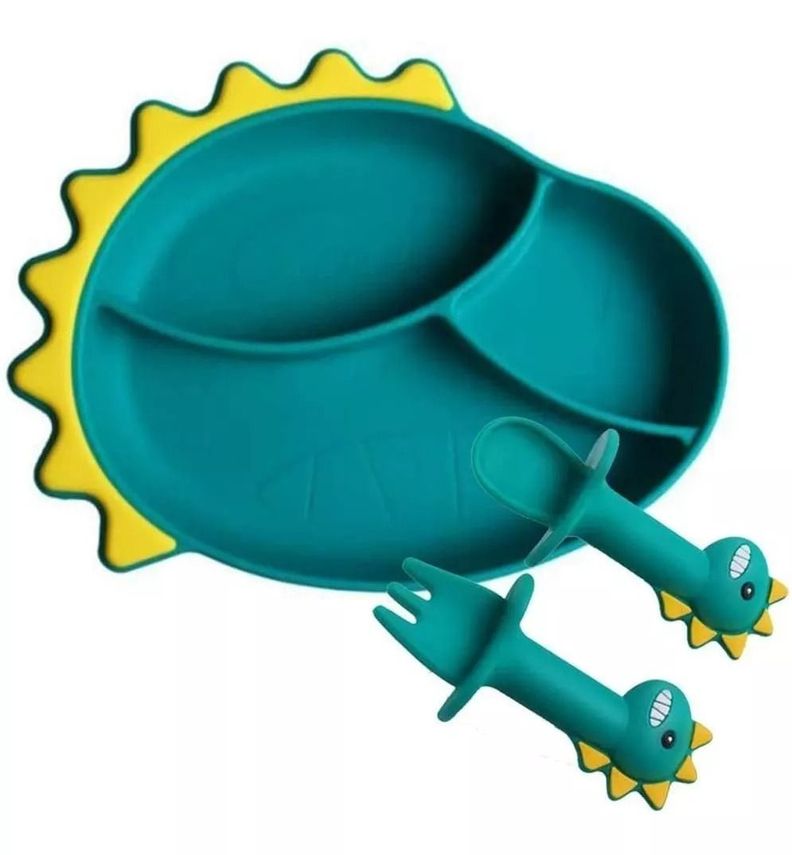 Set Plato De Silicona Dinosaurio Para Bebé Niños + Cubierto-0
