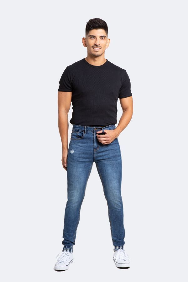 Jeans Hombre Skinny Azul Focalizado Medio Con Destroyer-1