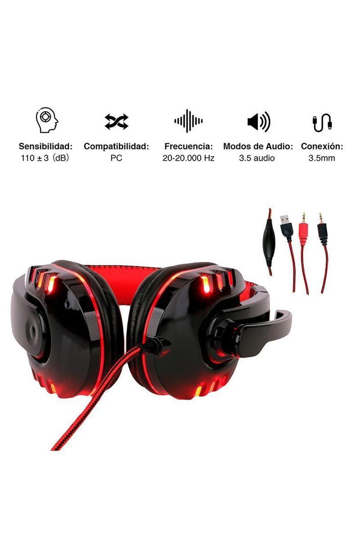 Audífonos Gamer G04L Luces Led con Micrófono Rojo-2