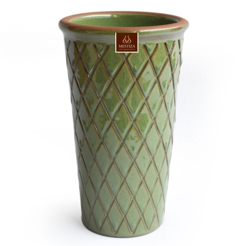 Florero Ceramico Centro de Mesa, textura rombo, Cilindrico 20cm Verde Musgo-0