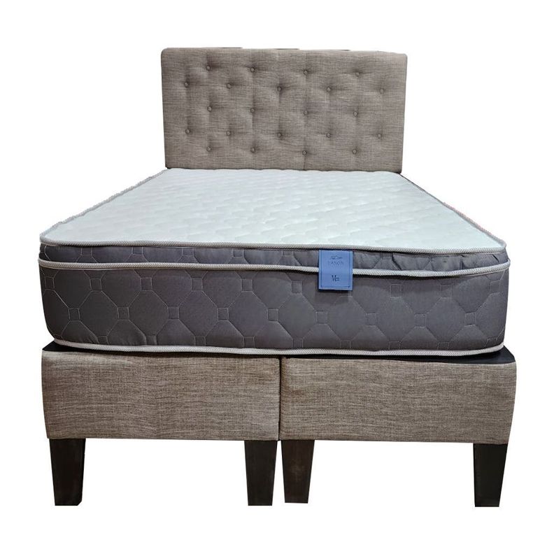 Cama Americana Tanon 2P + Colchon Premium + Respaldo Gris Lino Pmadera-2