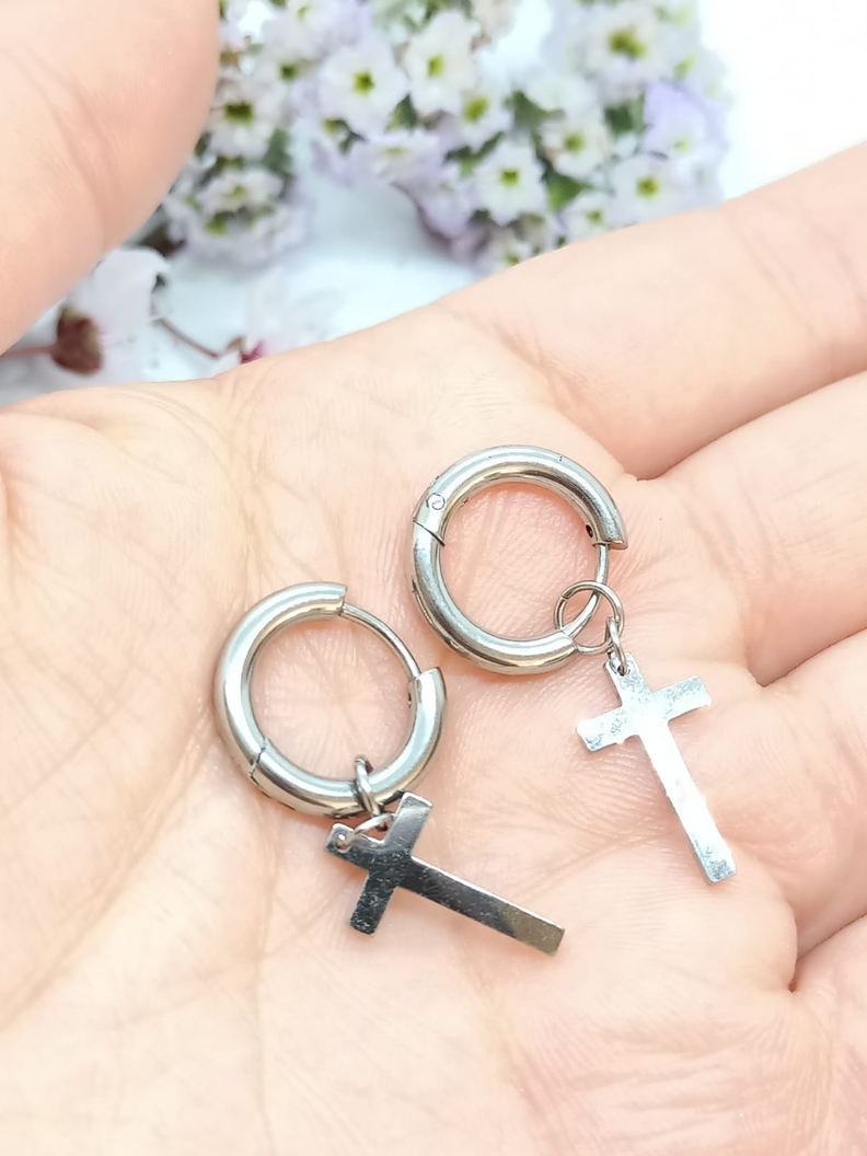 Aros Doble Uso Punk Cruz Acero Negro Pendientes Hombre Mujer-3
