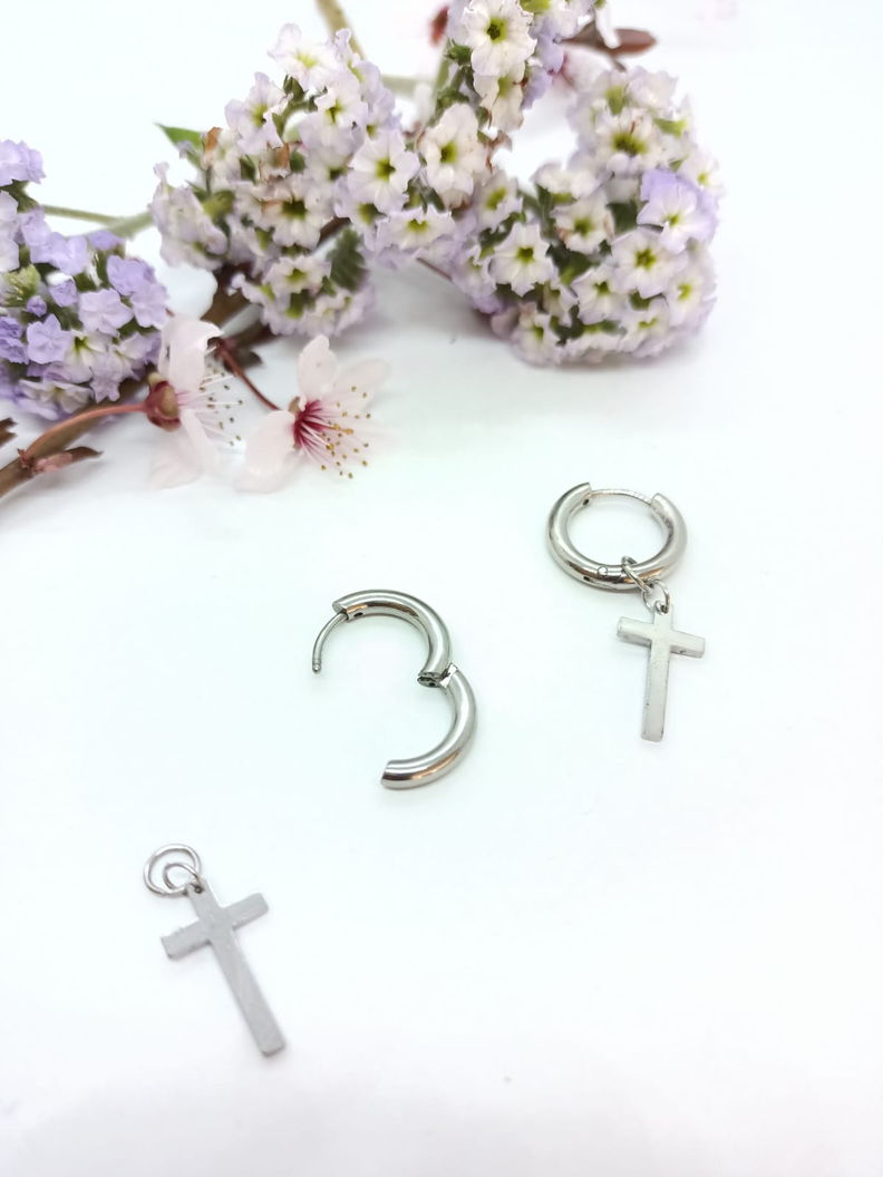 Aros Doble Uso Punk Cruz Acero Negro Pendientes Hombre Mujer-1