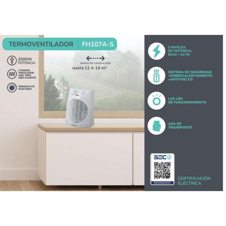 Termoventilador Calefactor Electrico 2000W 3 Mod FH107A-S Kendal-4